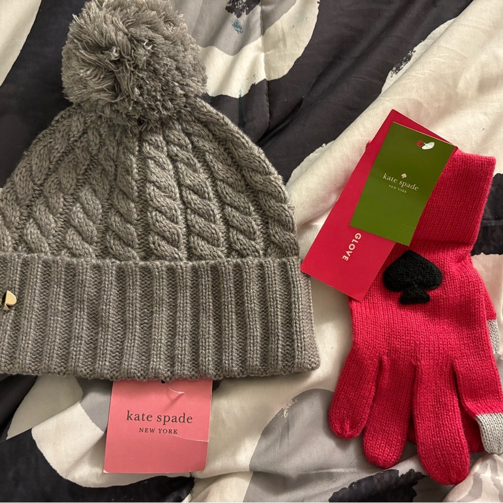 NWT Kate Spade Gray Knit Beanie and Kate Spade Gloves Set